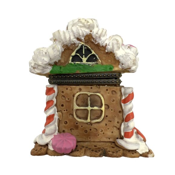 Ceramic Hinged Gingerbread House Christmas Trinket Box Candy Cane 2.5” - Picture 4 of 6